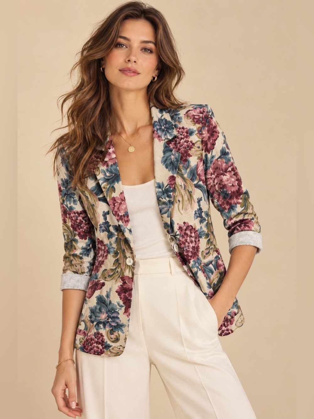 Luna Luz Floral Tapestry Single Button Roll Cuff Sleeve Statement Blazer Small